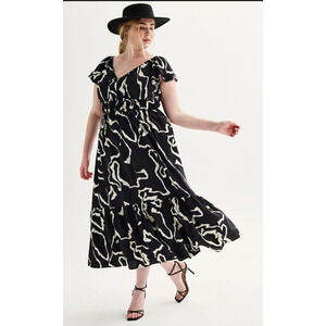 Nine West Black White Flutter Sleeve Maxi Dress